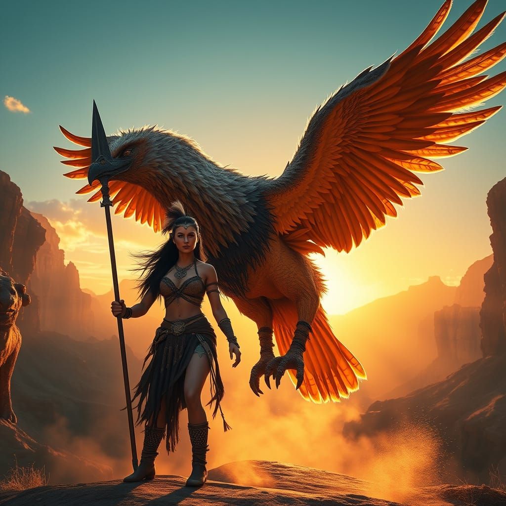 Tribal Warrior with Griffin in Canyon at Sunset