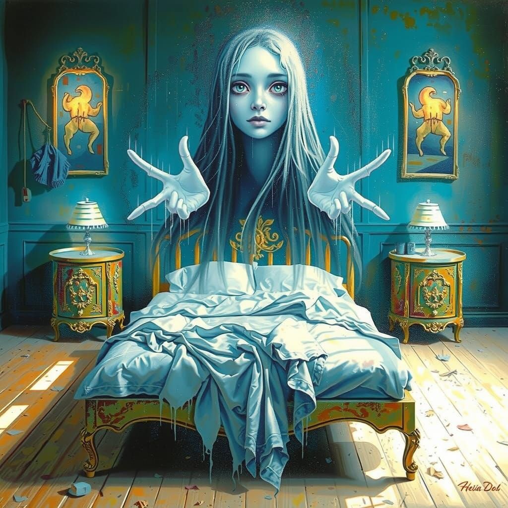 Ethereal Ghost Over Vintage Bed in Surreal Oil Painting
