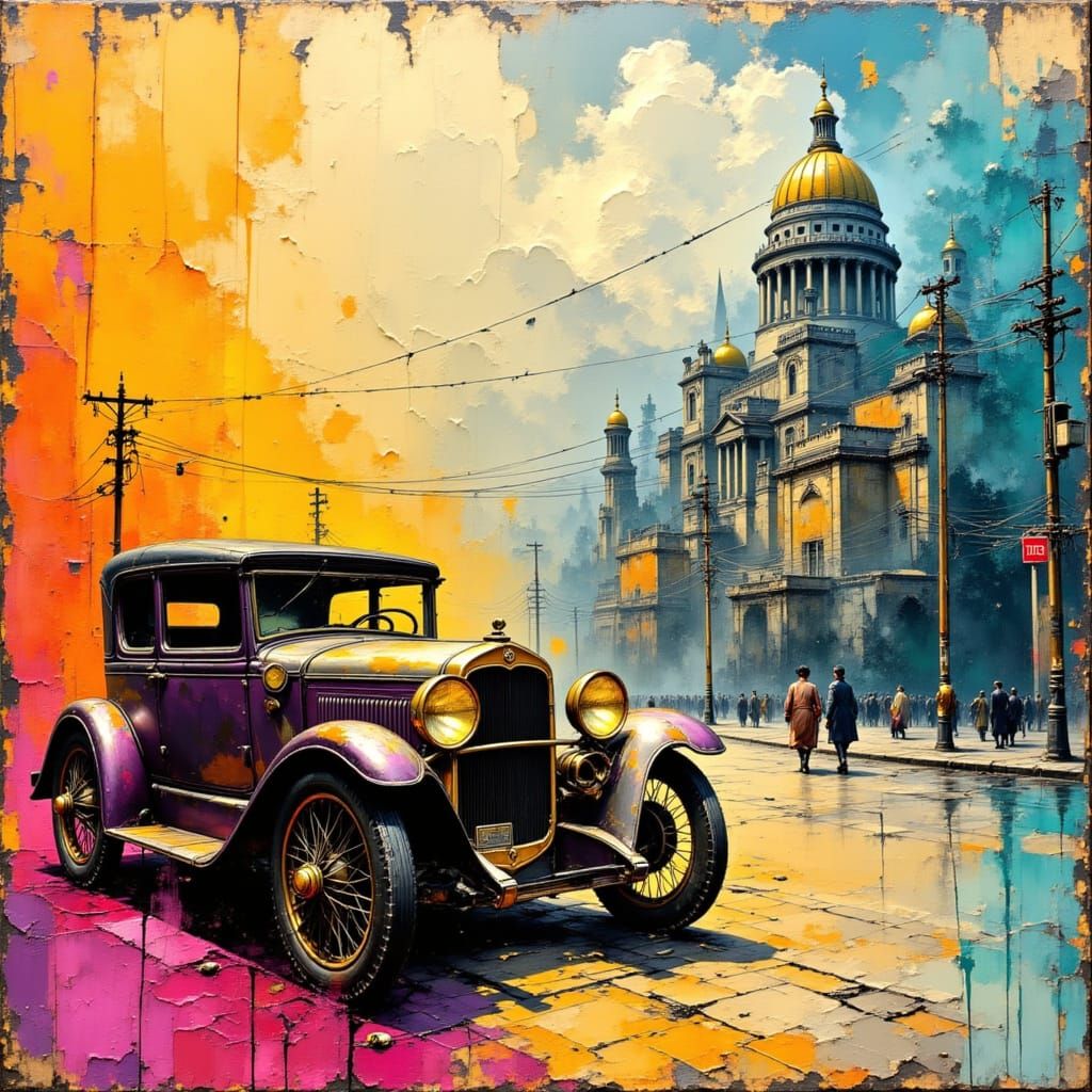 Vintage Car in 1920s City, Impasto Painting
