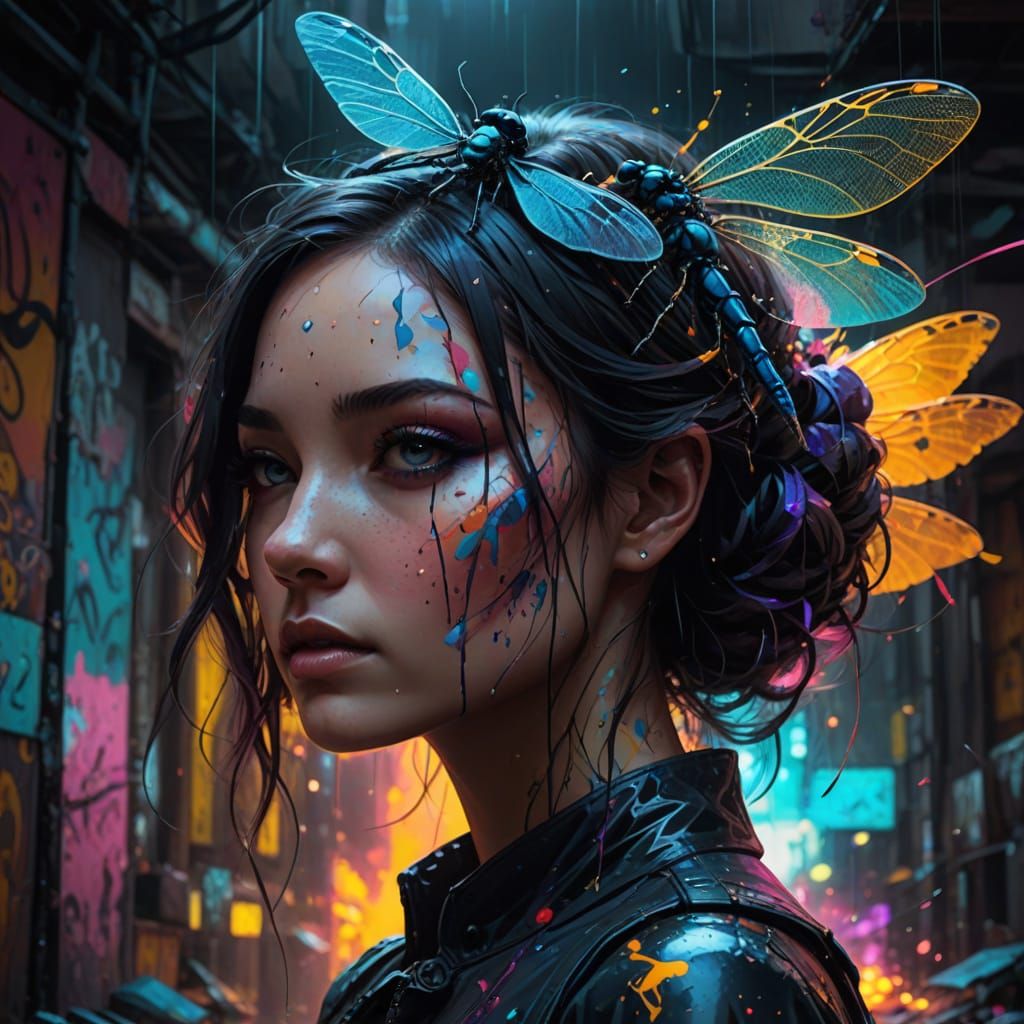Epic Dragonfly Silhouette in a Girl's Head, Vibrant Graffiti...