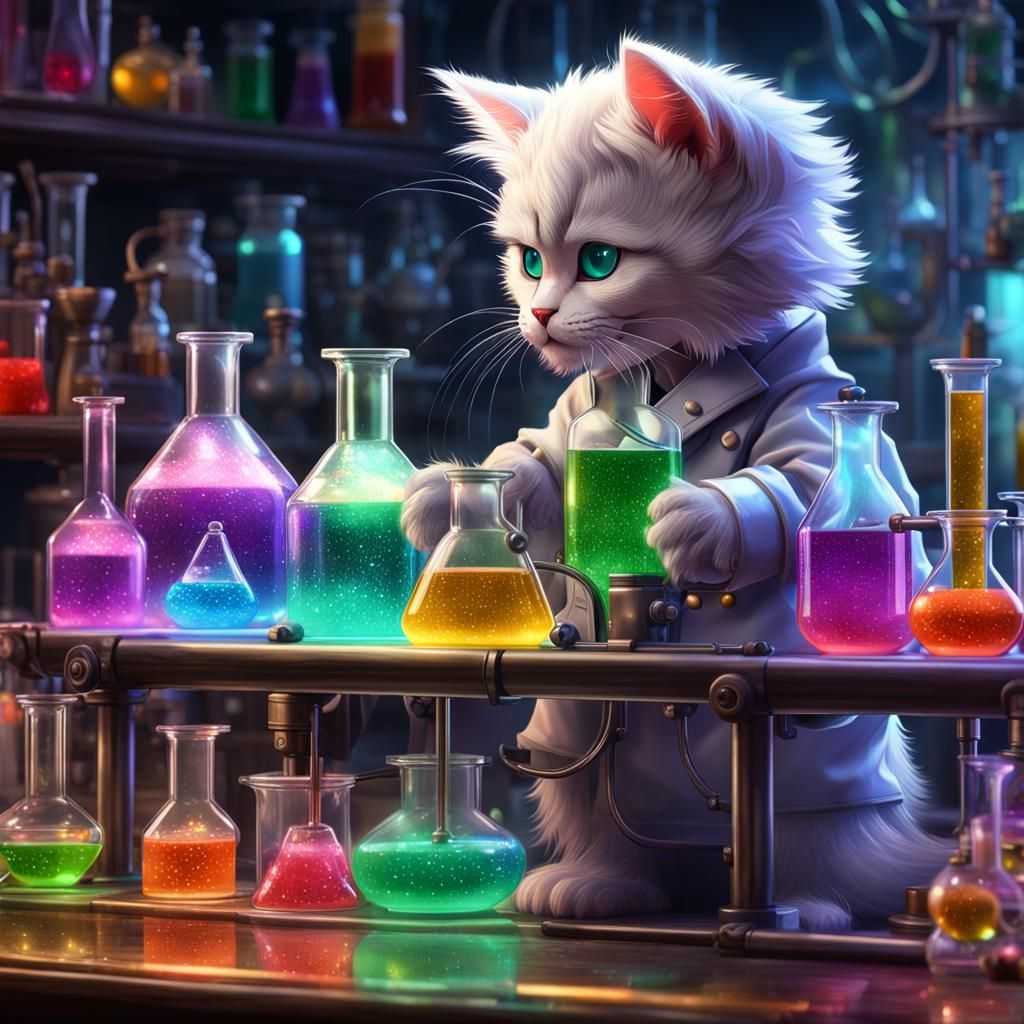 Mad Scientist Kitten in Laboratory: Dark Fantasy Art