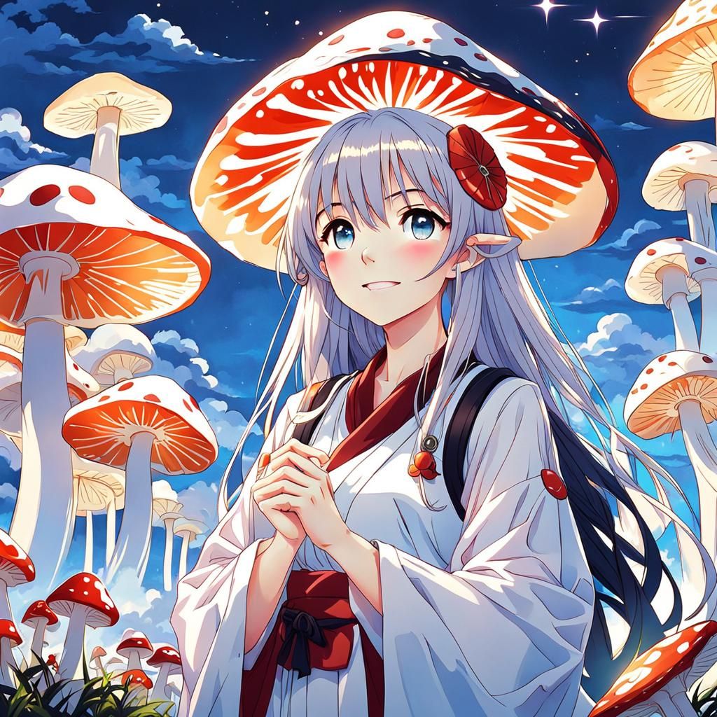 Happy Anime Girl in Mushroom Aesthetic