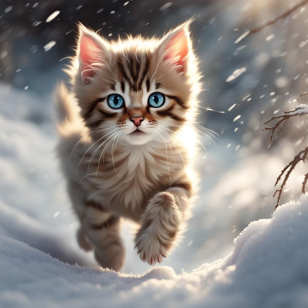 Anime Kitten Running Through Snow