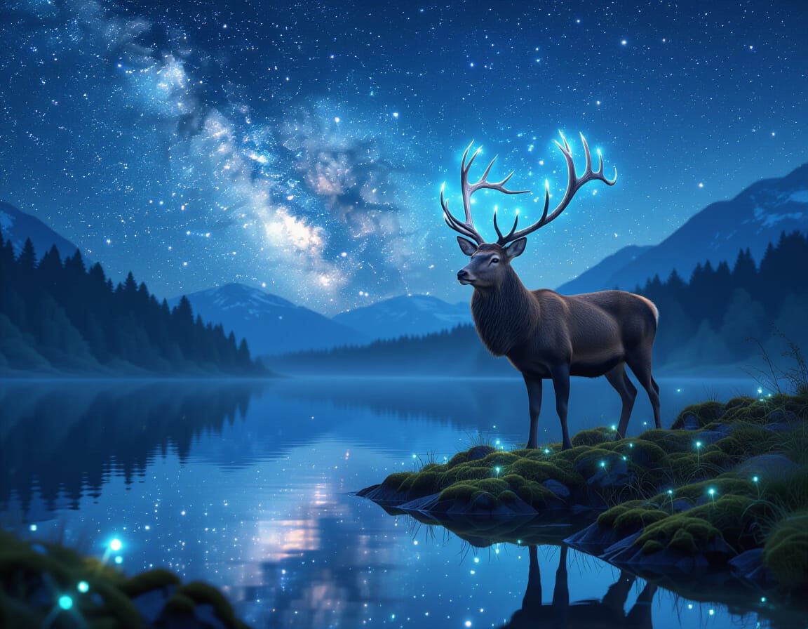 Majestic Stag Under Starry Nebula Sky