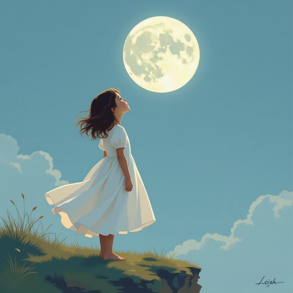 Girl Gazing at Ethereal Moonlight on Cliff