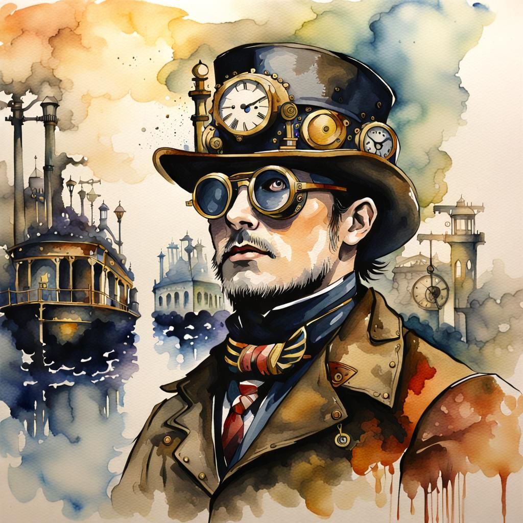 Melancholic Steampunk Scene in Watercolour Style