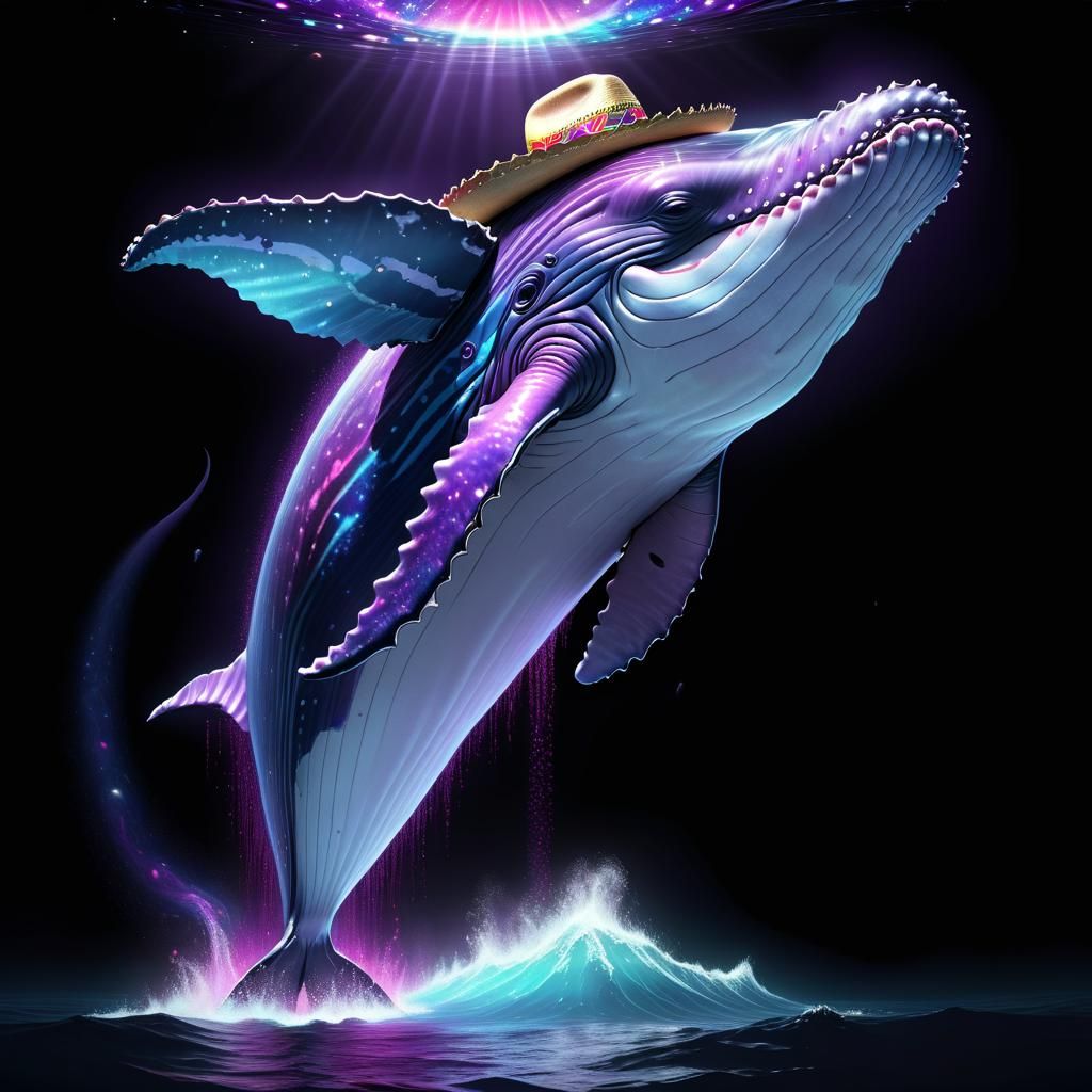 Cosmic Whale with Sombrero in Psychedelic Sea