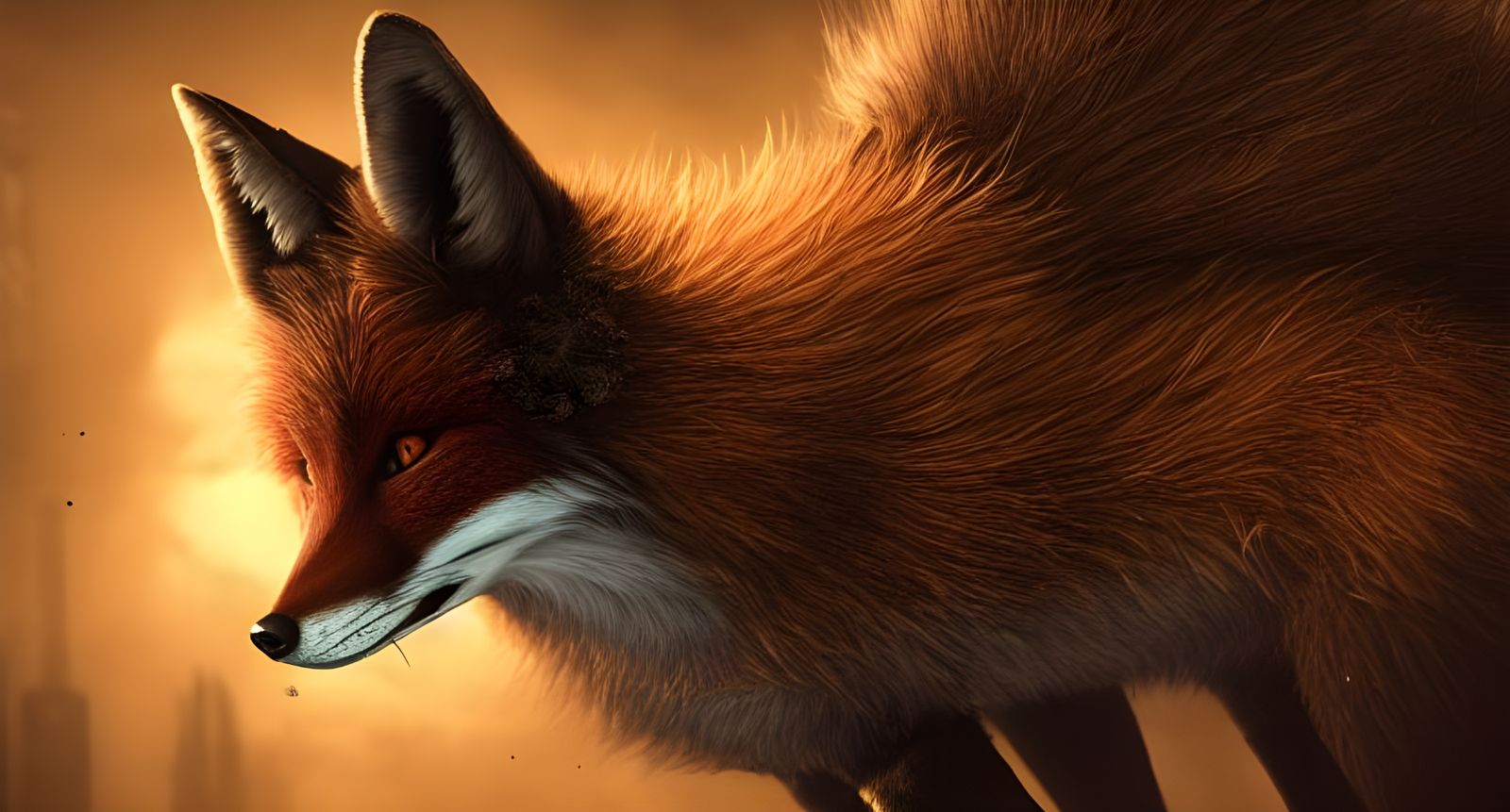 Sinister Fox in Dark Post-Apocalyptic Landscape