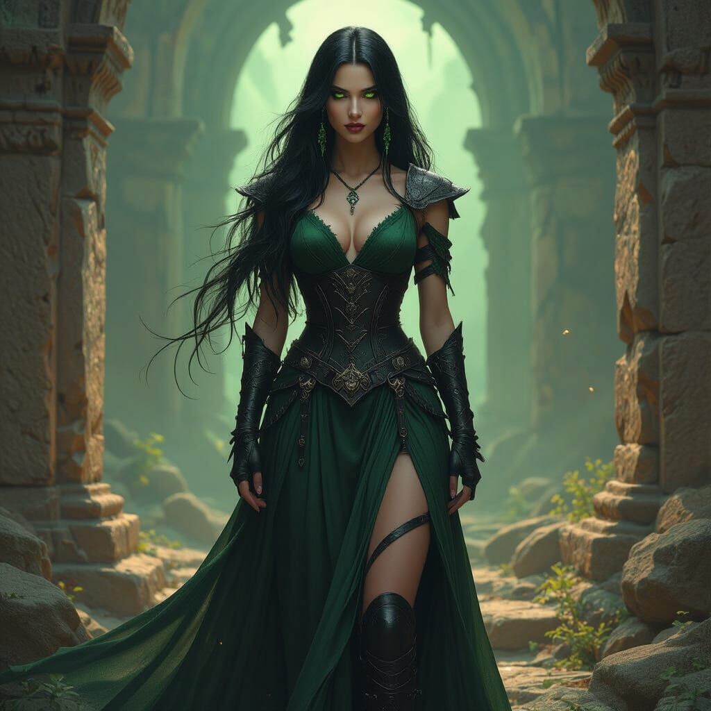 Dark Fantasy Portrait of Sytheris in Temple Ruins