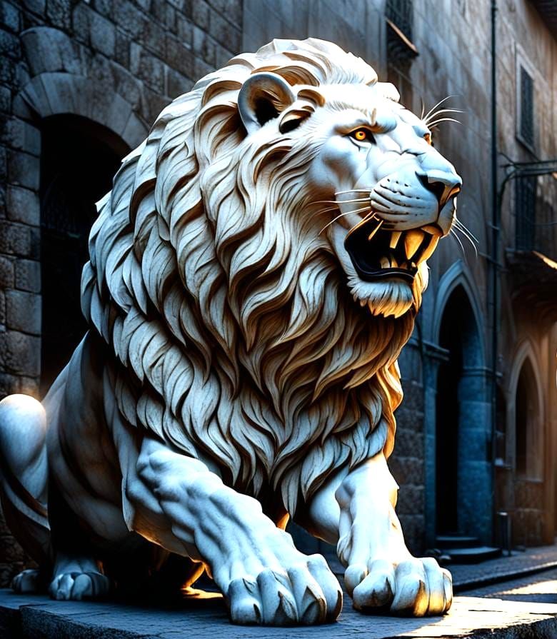Marble Lion Statue in Alleyway with Golden Spike