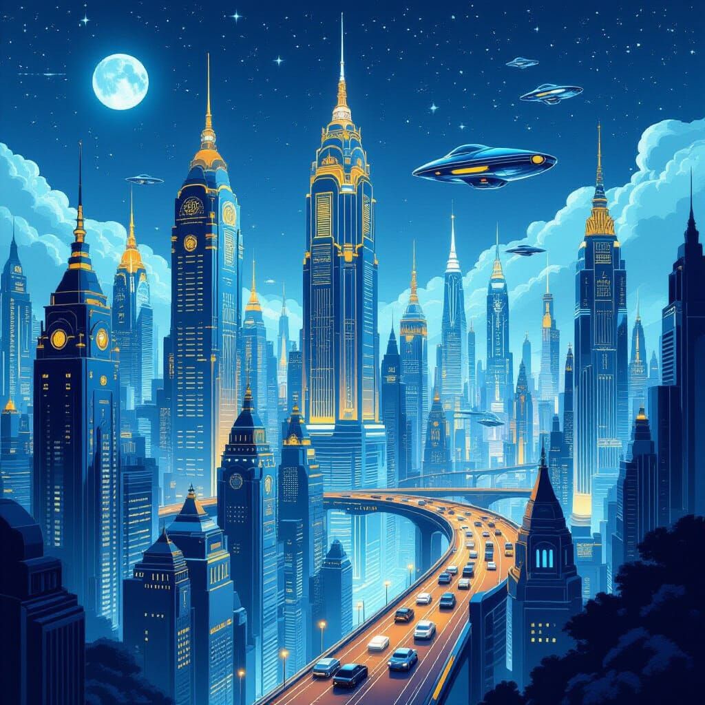 Retro-Futuristic Cityscape with Art Deco Skyscrapers