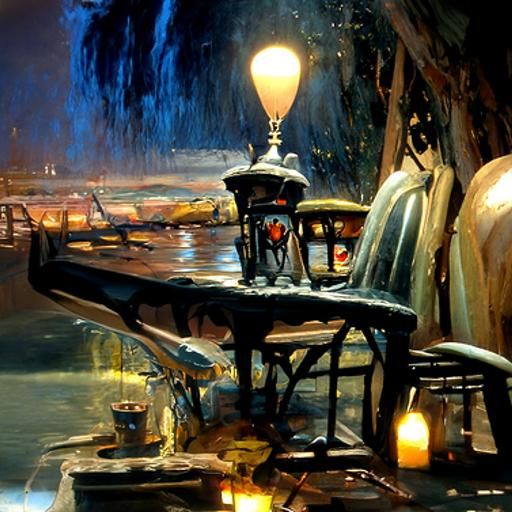 Romantic Cafe at Night as Oil Painting