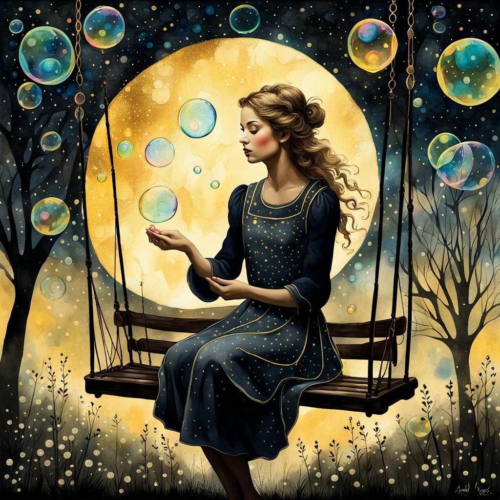 Whimsical Garden Scene with Bubbles, Watercolor Style