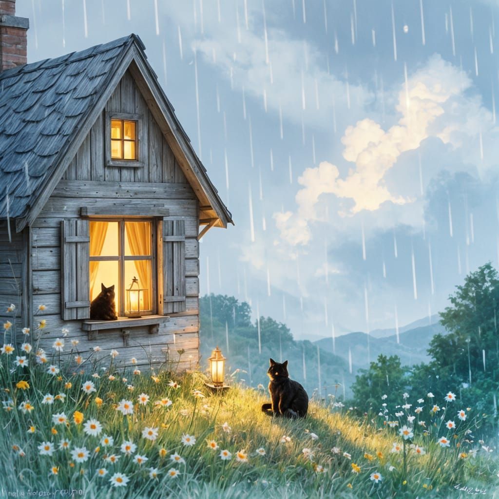Cozy Cottage in Spring Rain with Candlelight Glow