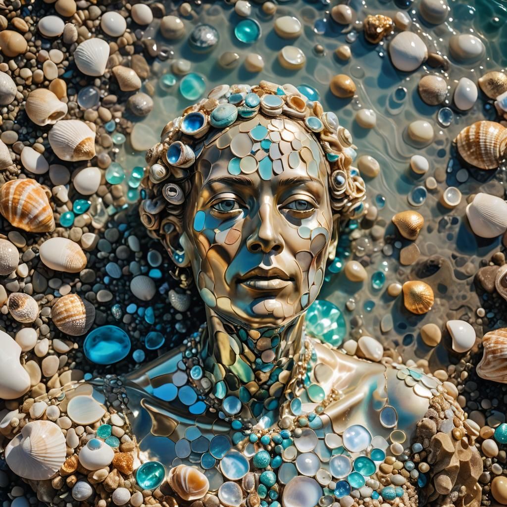 Surreal Seashell Humanoid on Rocky Beach