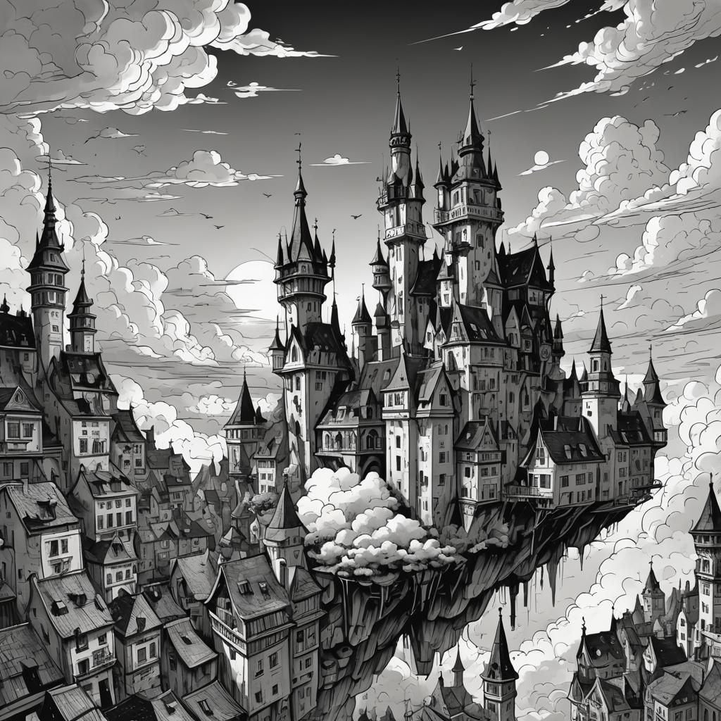 A flying city in the style of Klaus burgle, background of a beautiful sky at sunset, black and white hand drawn