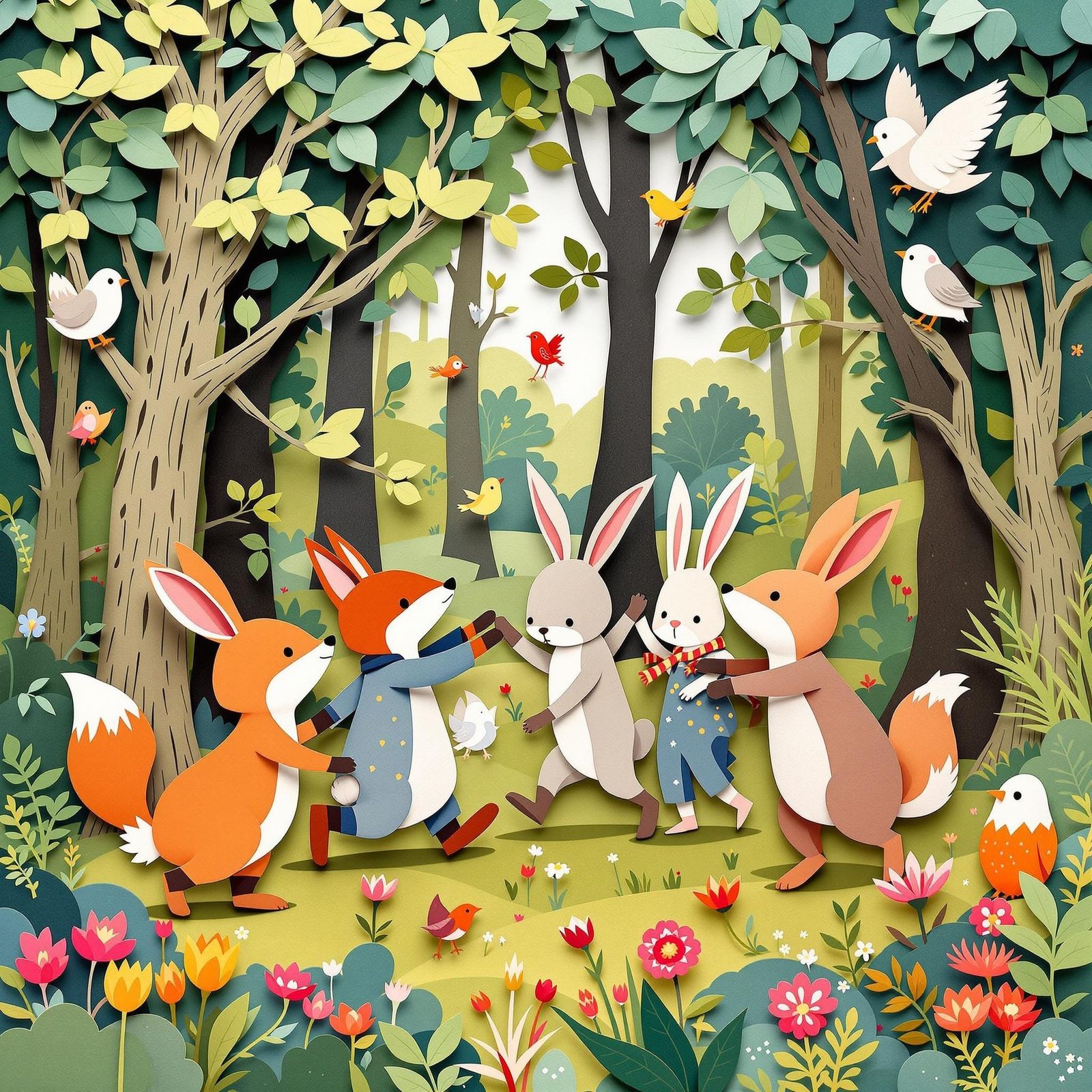 Dancing Animals in Paper Cutout Collage Style