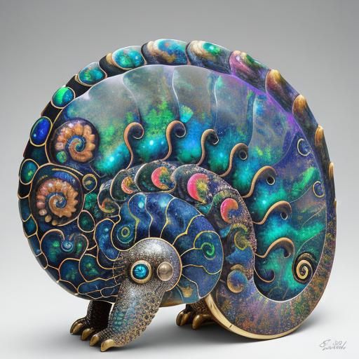 Opalescent Metallic Ammonite Armadillo Treasure in Pop Art S...
