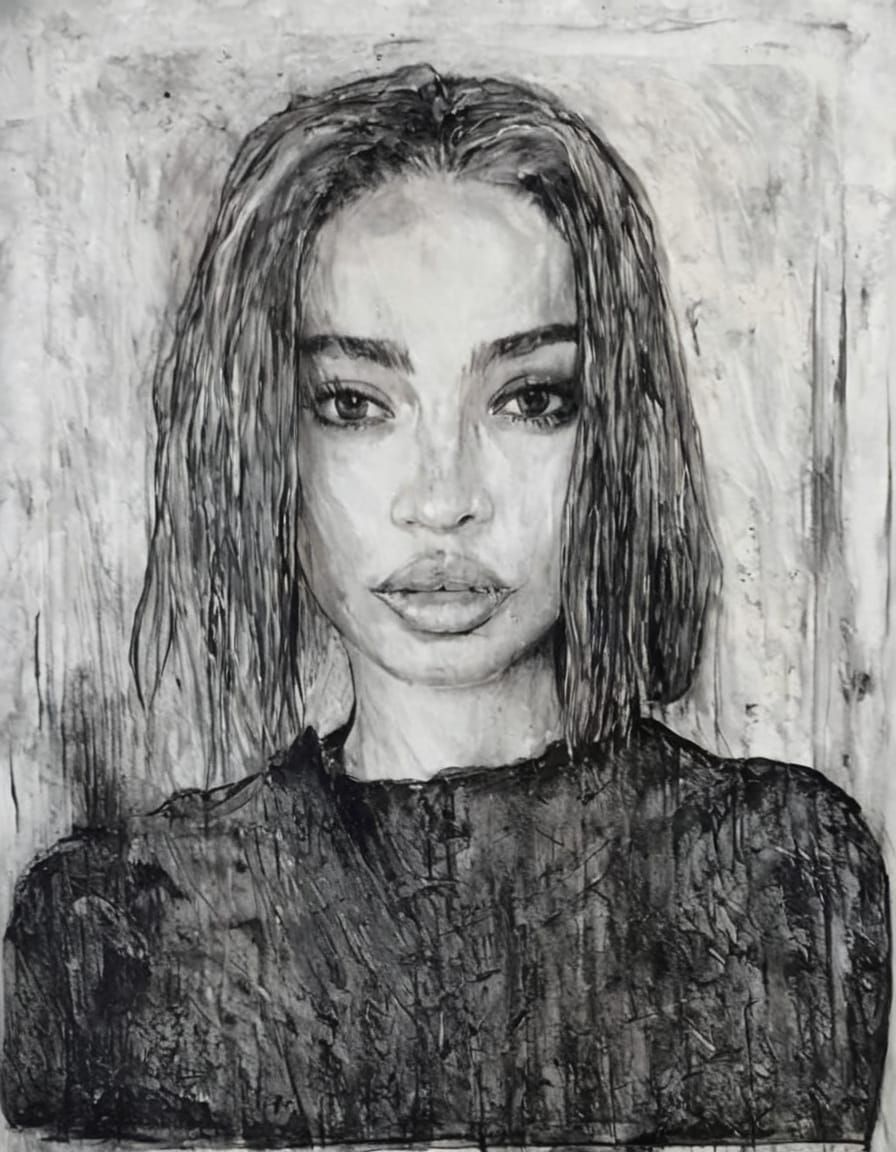 Goth Girl Portrait in Minimalist Impasto Style