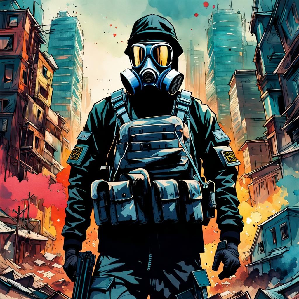 Soldier in Gasmask in Decayed City, Watercolor Style