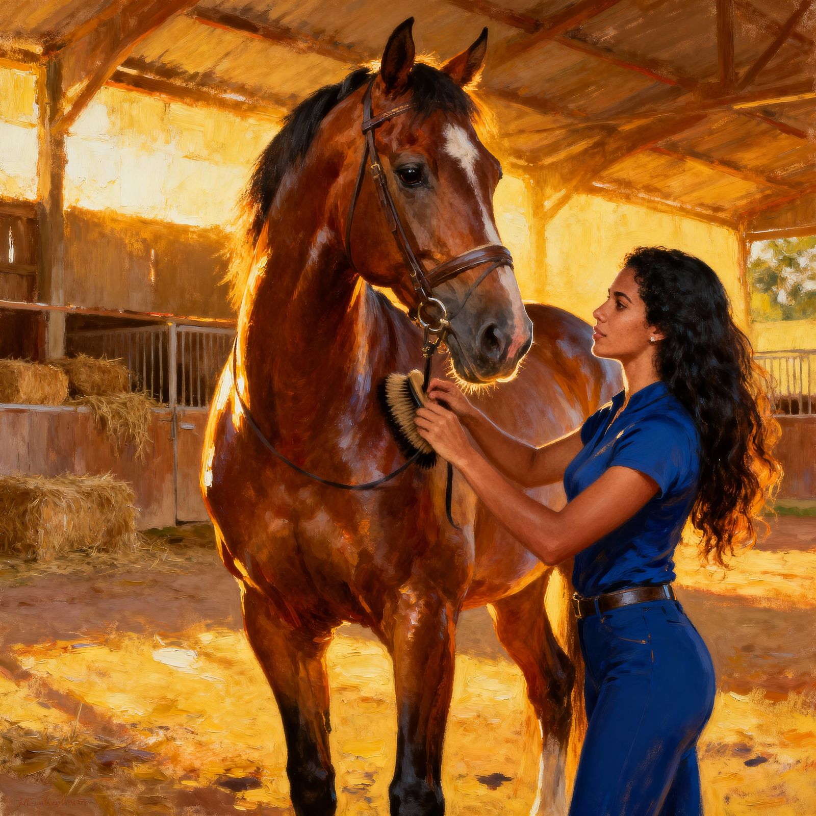 Woman Brushing Show Horse in Sunlit Barn, Oil Painting