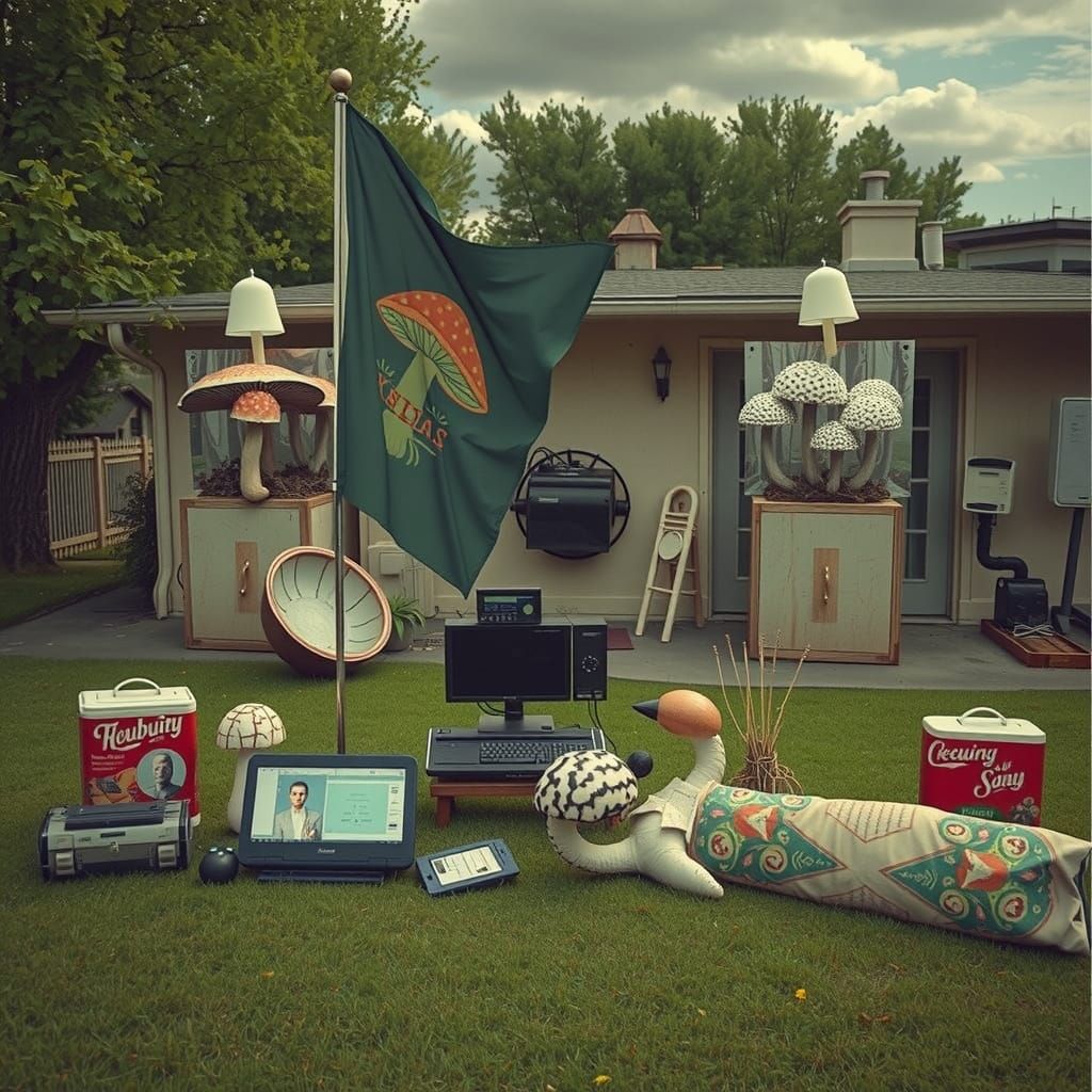 Surreal Mushroom Field with 17th Century Computer