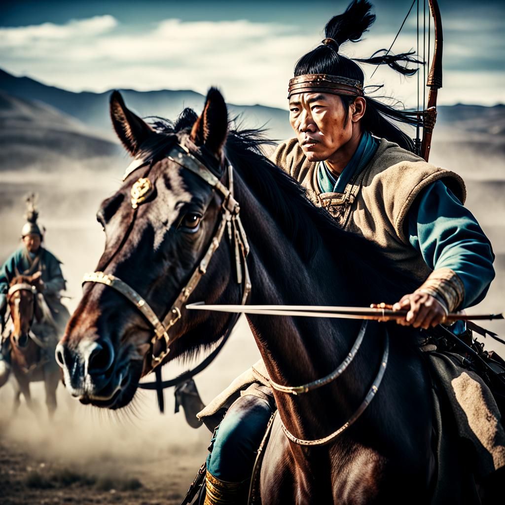 Mongolian Horse Archer in Battle: Cinematic Film Still