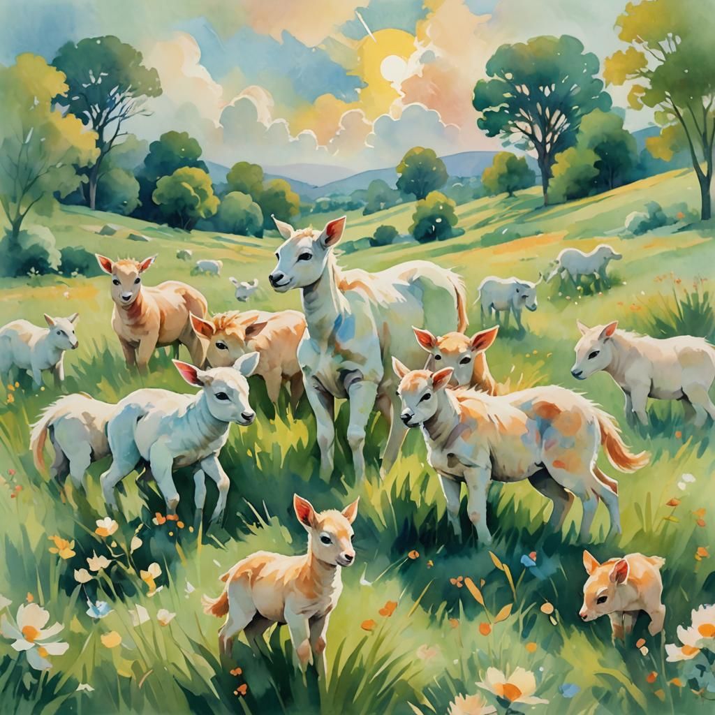 Fauvist Baby Animals Playing in Meadow