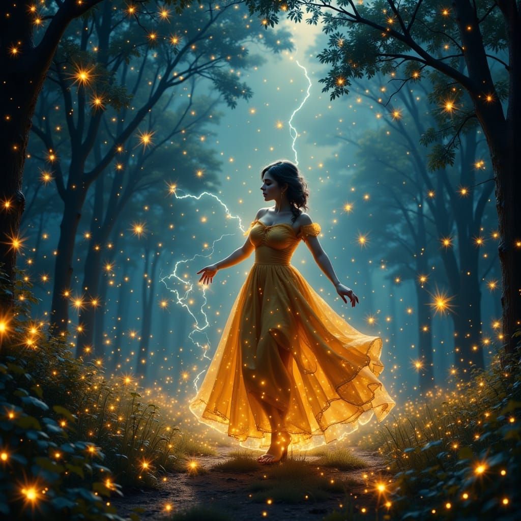 Ethereal Scene of Dancing Fireflies Around a Person