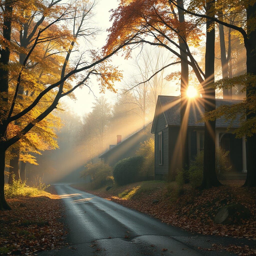 Misty New England Forest Road in Autumn