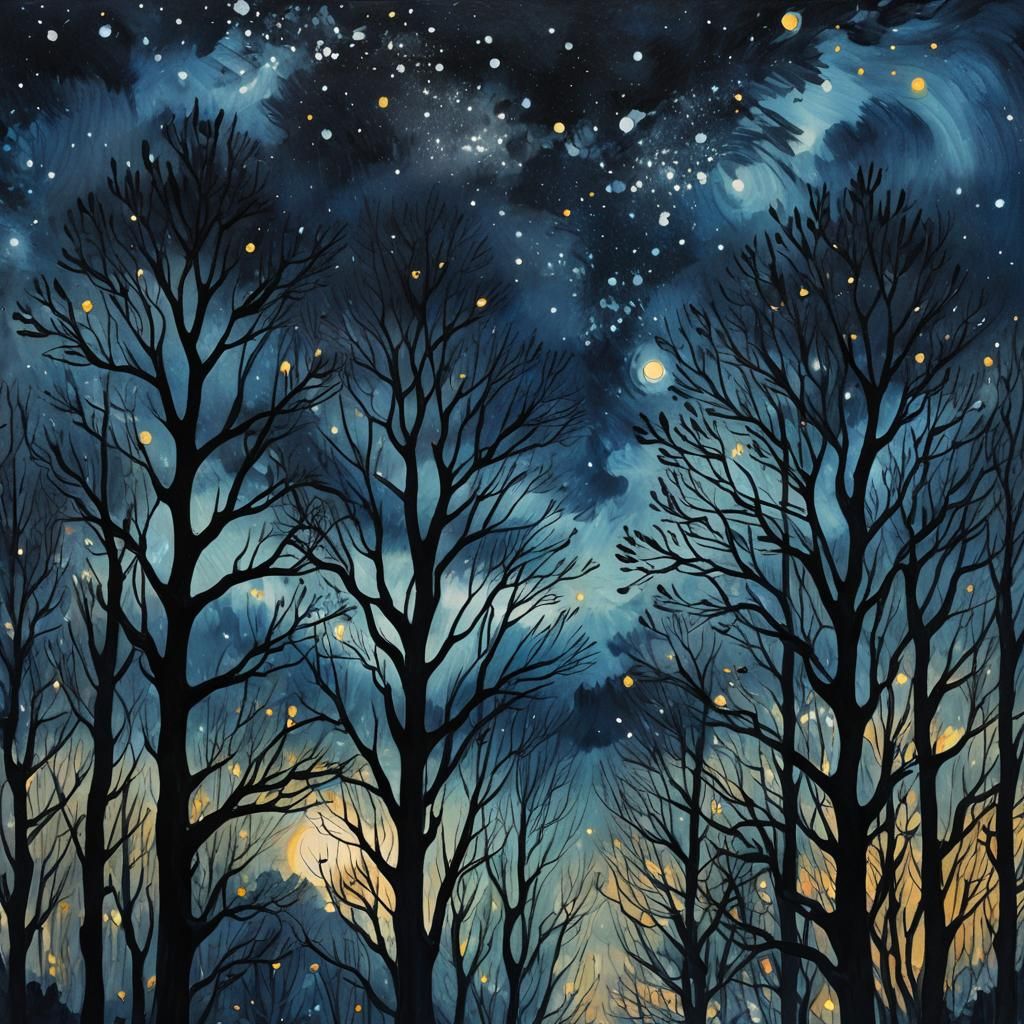 Starry Night Sky in Modern Ink Painting Style