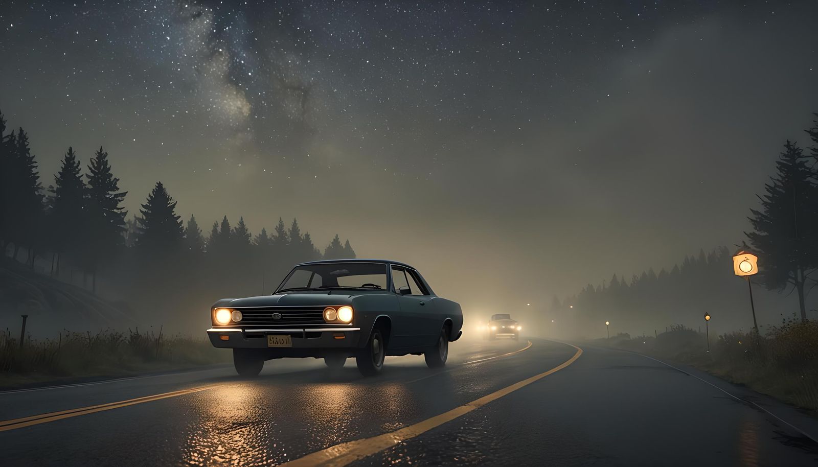 Car on Misty Road Under Starry Sky: Pixar Style