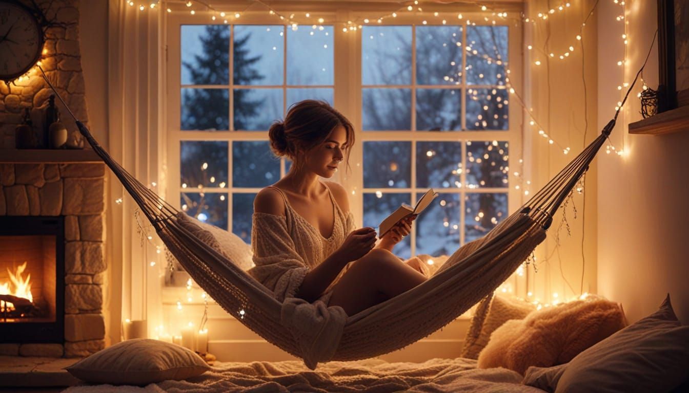 Cozy Fantasy Reading Nook with Hammock and Fireplace
