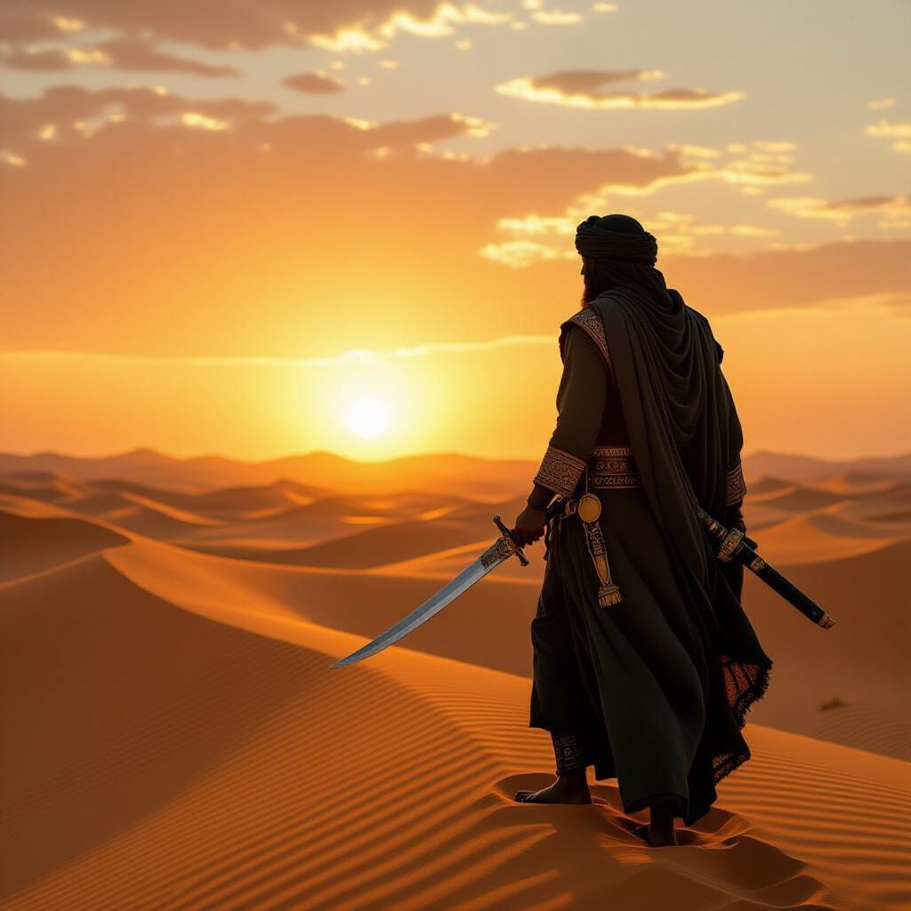 Berber Warrior at Sunset in Sahara: Cinematic Still