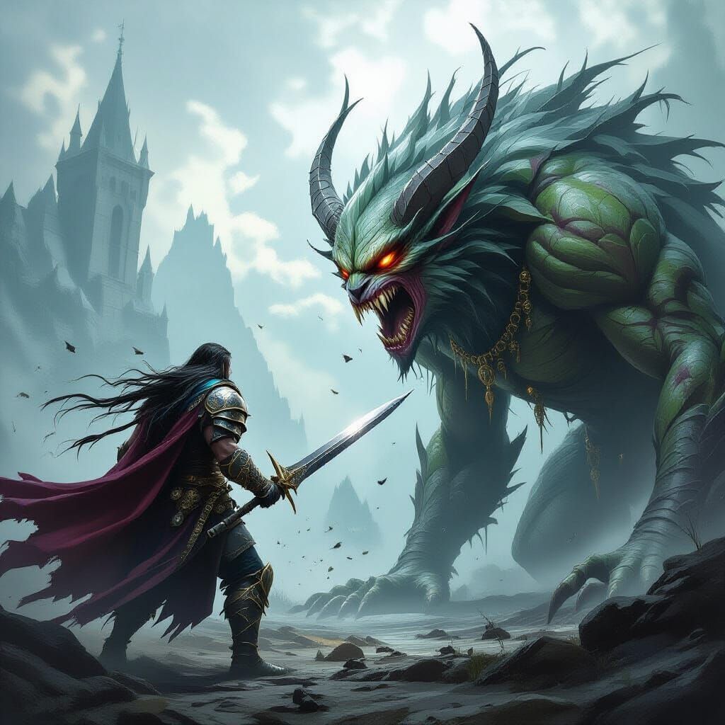 Dark Fantasy Warrior Confronts Hideous Creature
