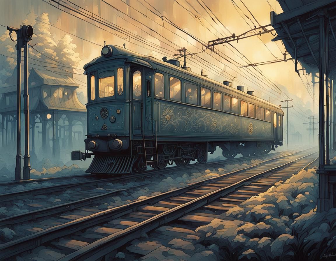 Lonely Morning Train Station in Whimsical Watercolor Style