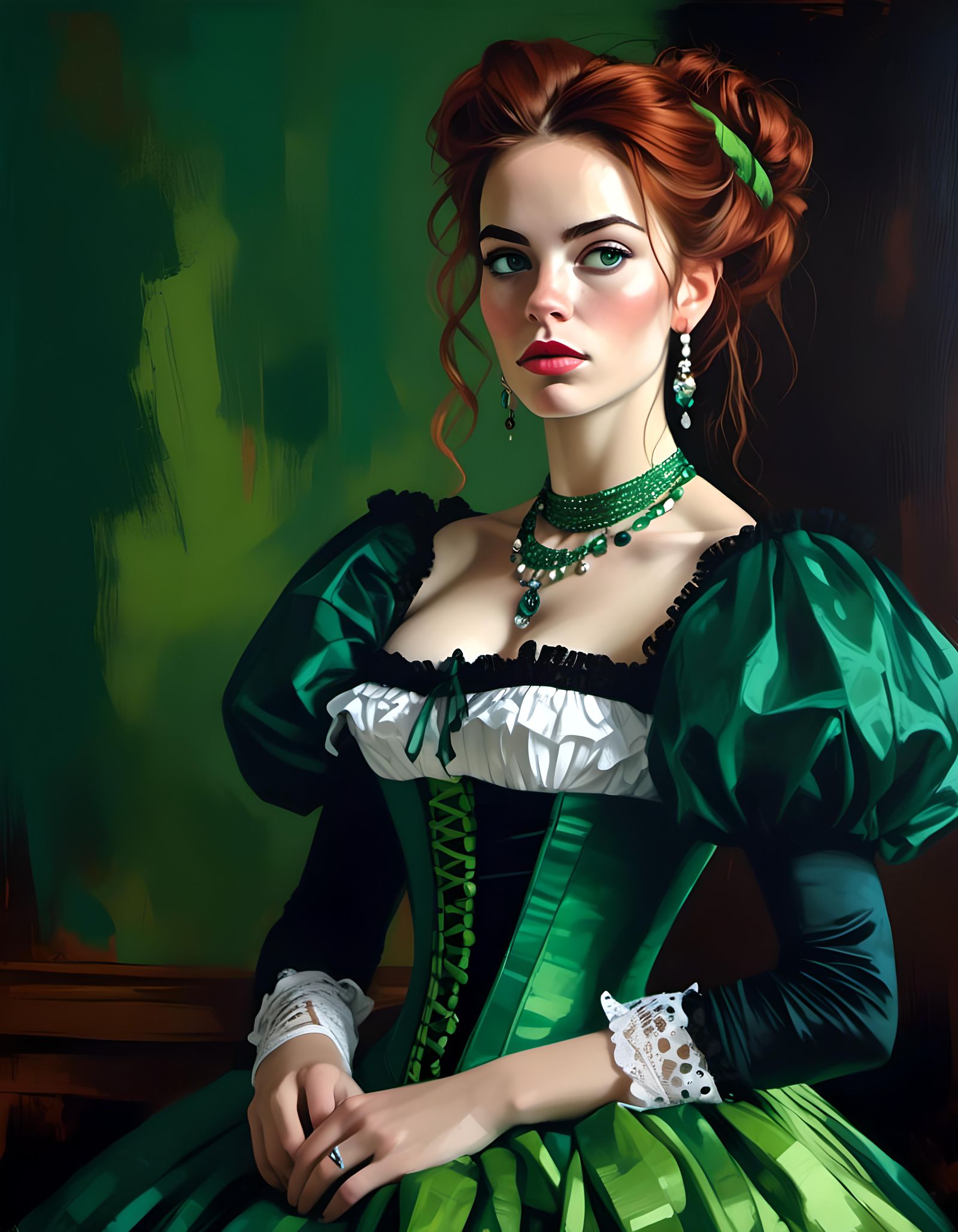Beautiful Spanish Queen in Impressionistic Green Portrait