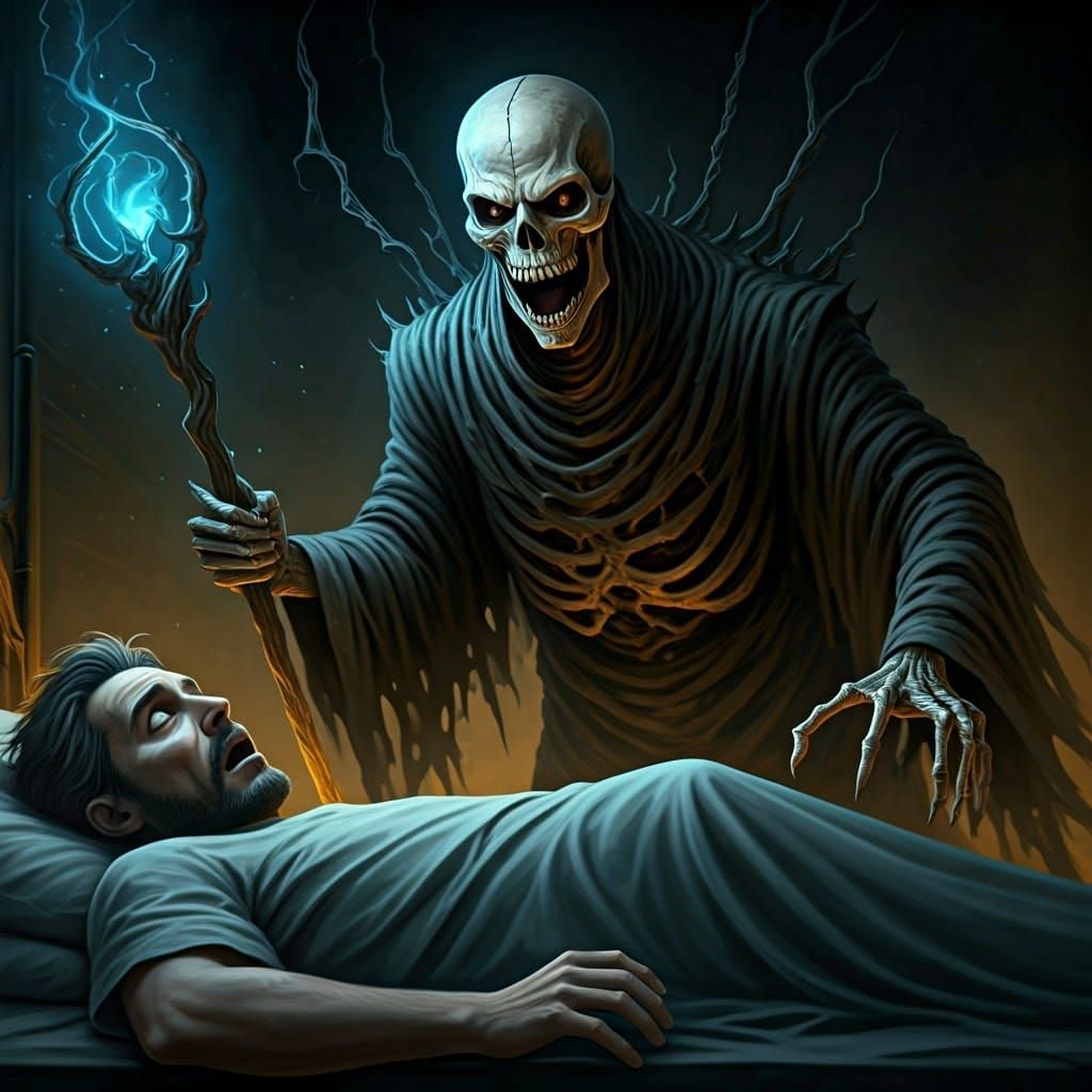 Macabre Demon Looms Over a Paralyzed Dreamer in Dark, Gothic...