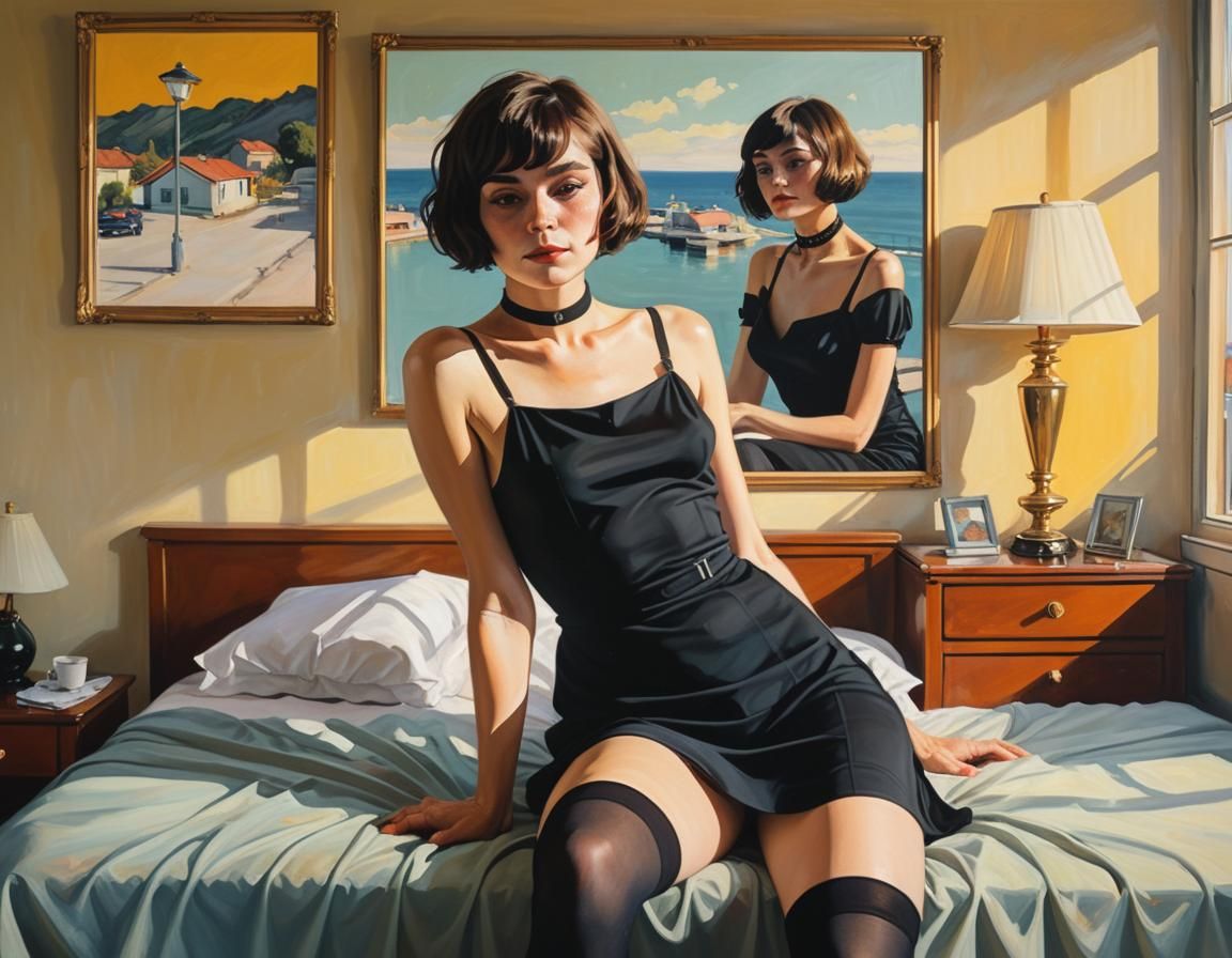 French Woman in Black Dress, Oil Painting