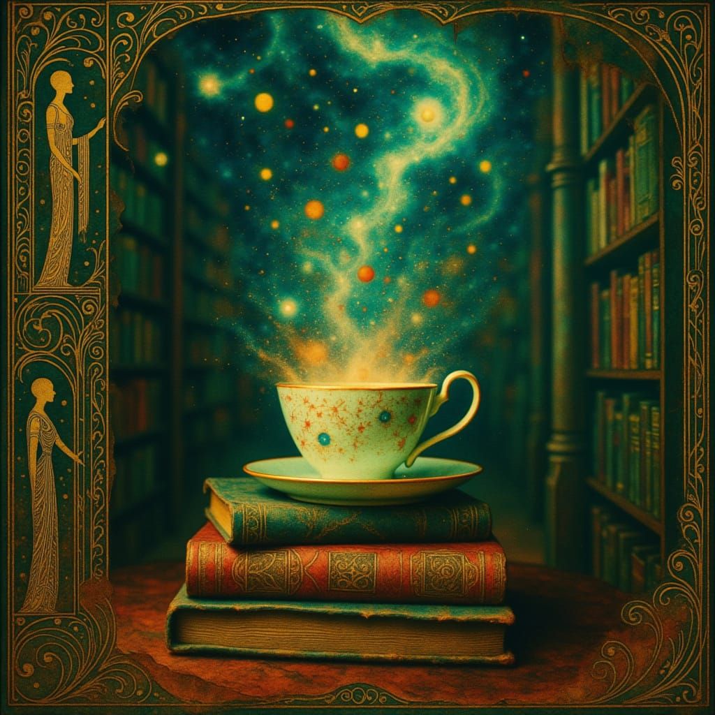 Galactic Teacup Balanced on Ancient Books