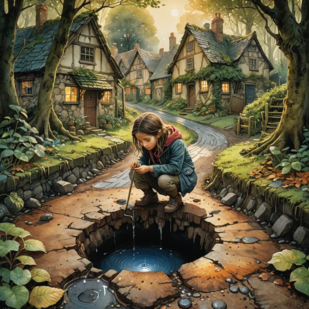 Miniature Village Discovered in Pothole, Watercolor Art