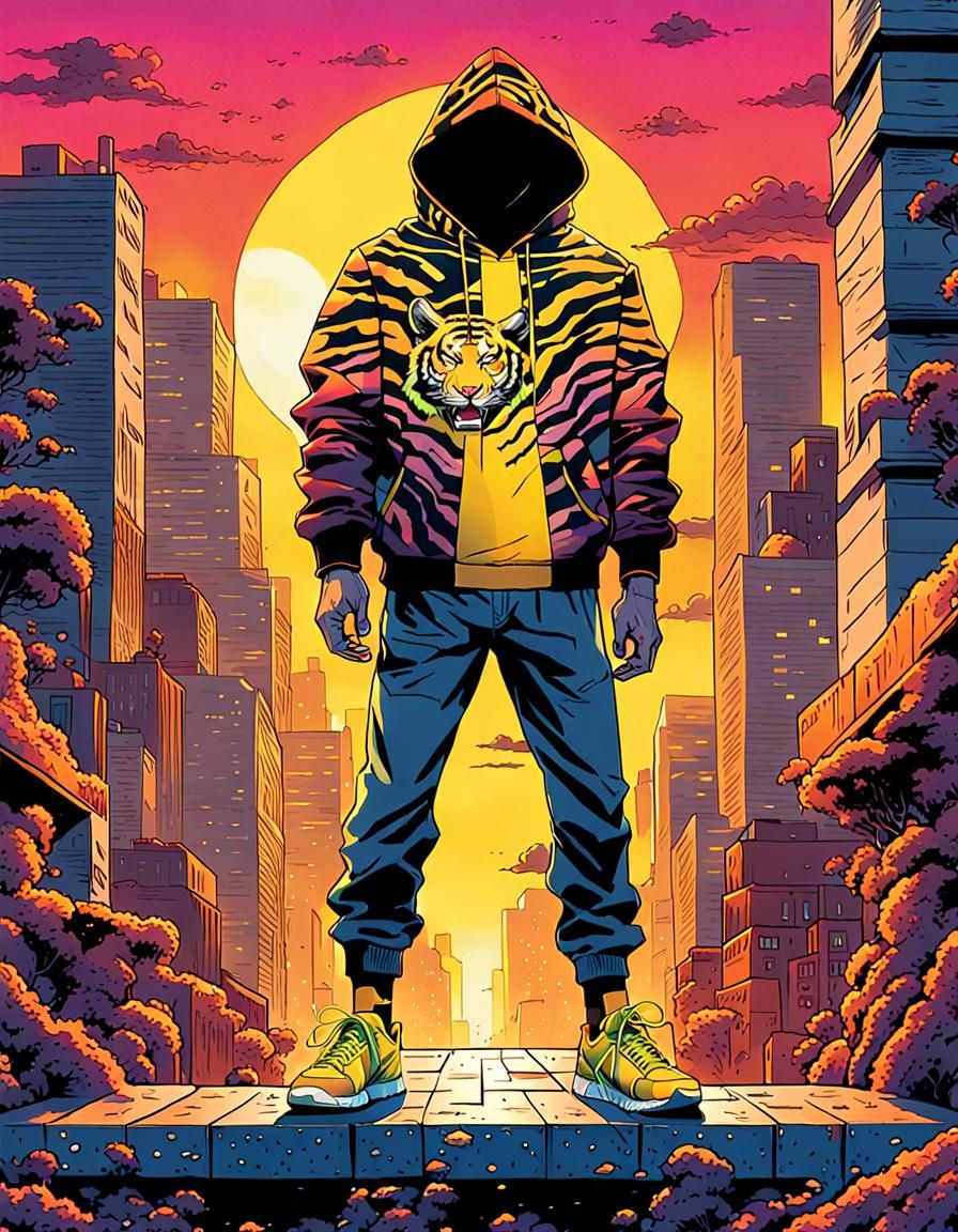 Sunlit Cyberpunk Tiger in Geometric Hoodie