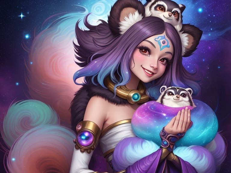 Whimsical Tanuki Woman with Cosmic Fur in Digital Painting S...