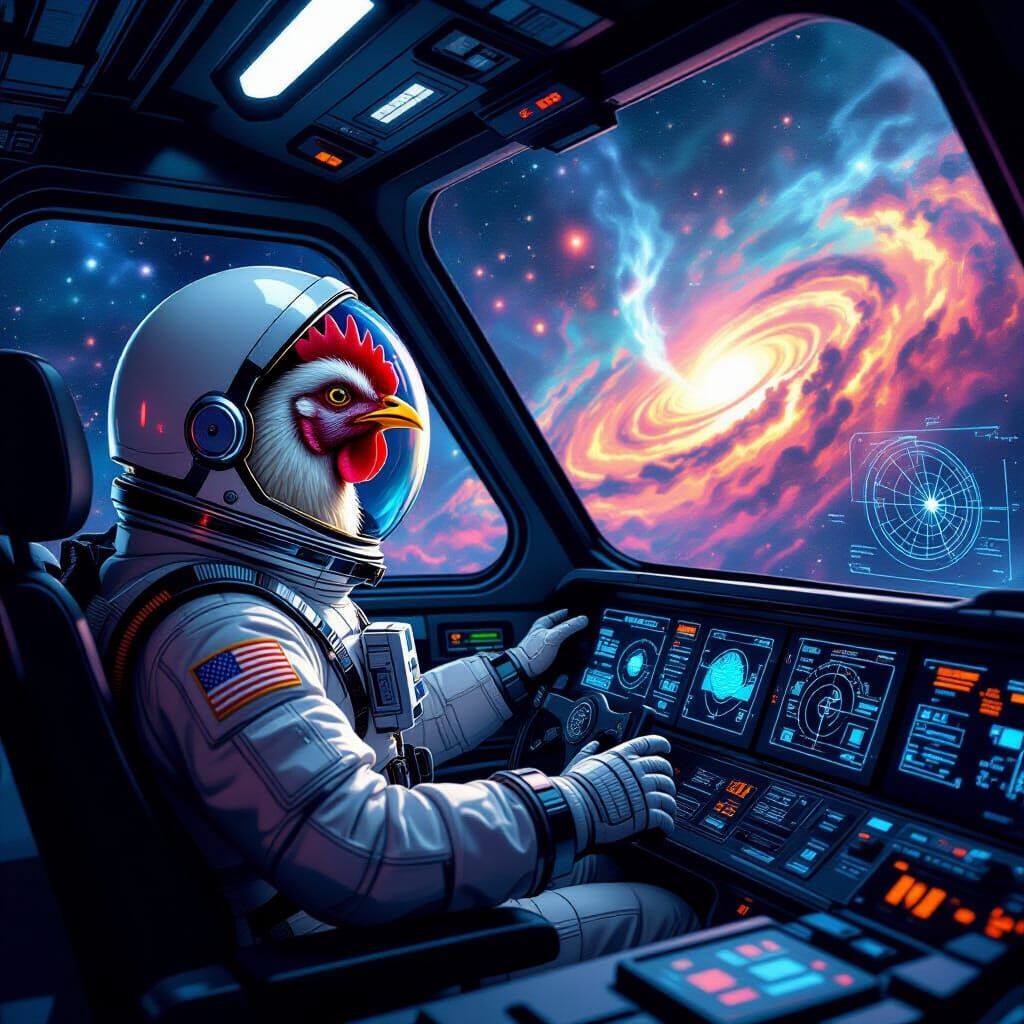 Astronaut Chicken Views Nebula in Retro Spaceship