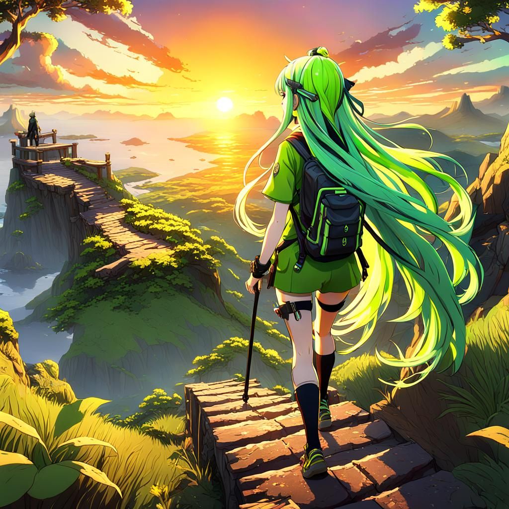 Anime Girl Hiking into Sunset: Fantasy Concept Art