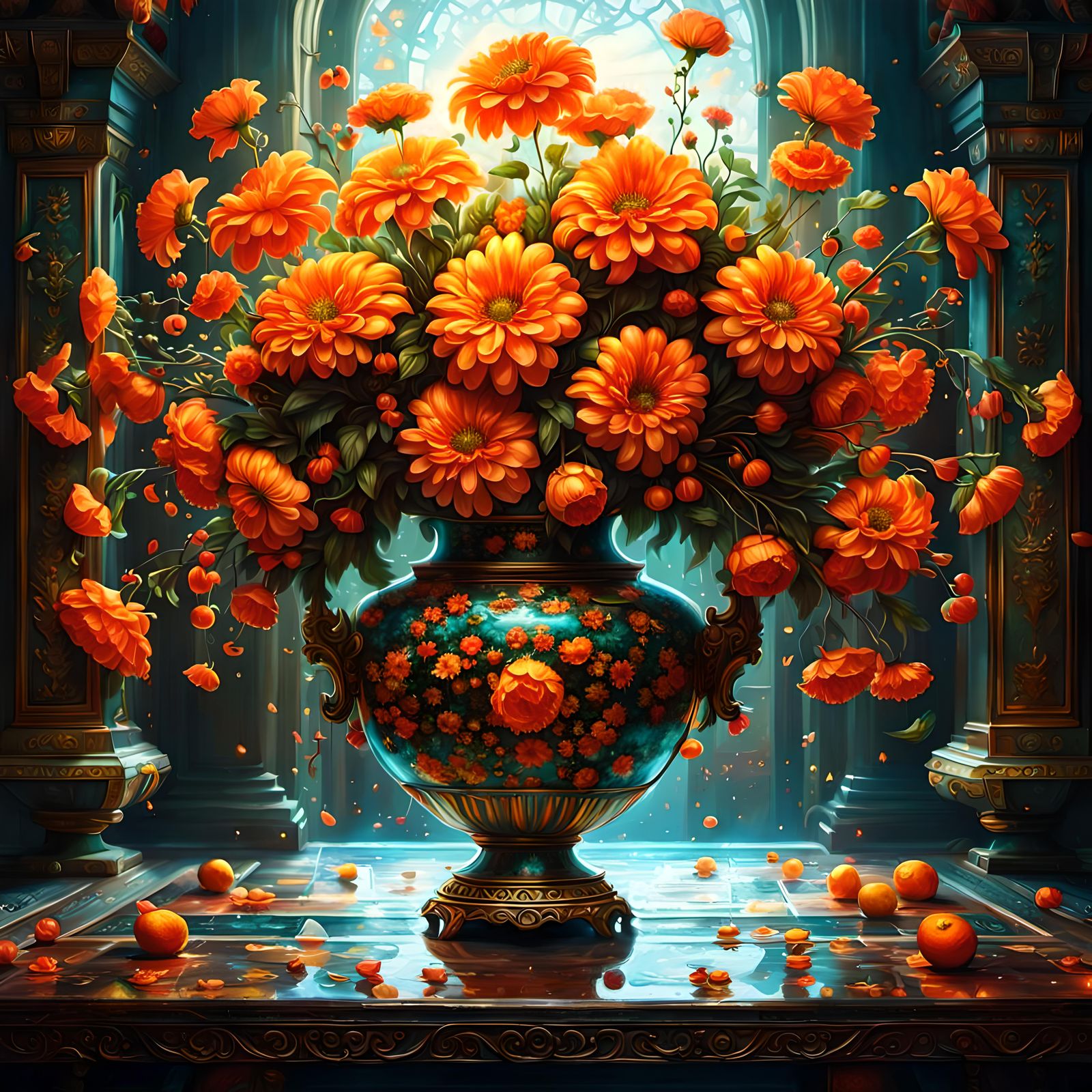 Orange Flowers in Glass Vase: Hyperdetailed Still Life
