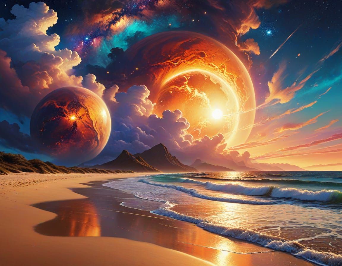 Cosmic Landscape with Planets and Nebula Clouds