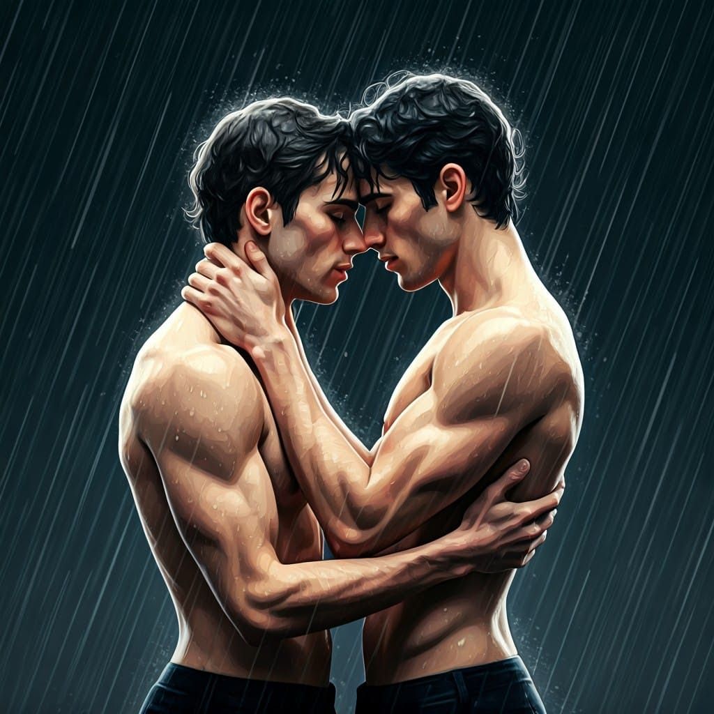 Two men shirtless in the rain kissing
