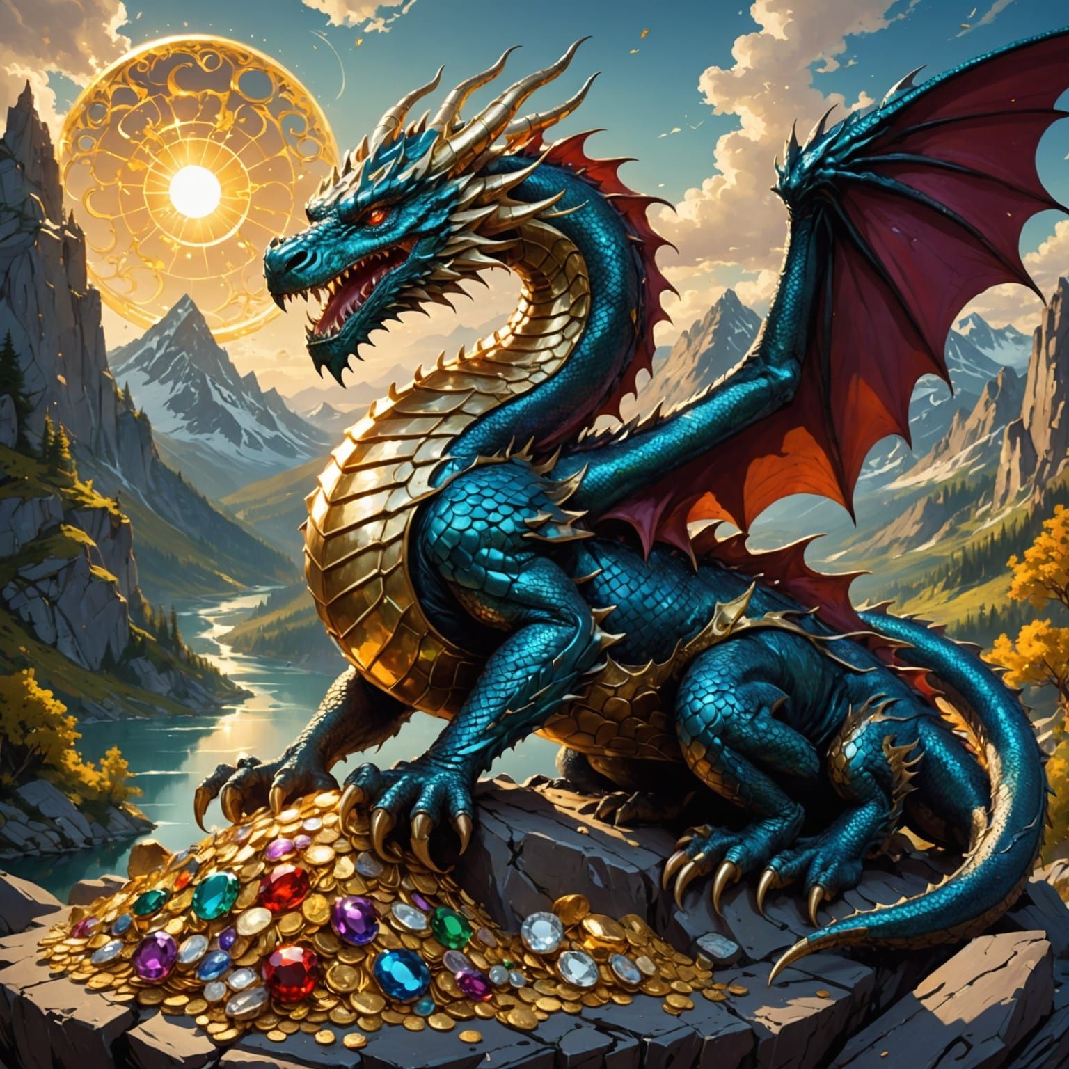 Chrome Dragon Hoarding Treasure: Hyperdetailed Art