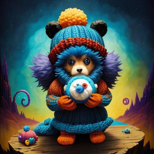 Sad Kawaii Teddy Bear with Colorful Hat in Fantasy Art